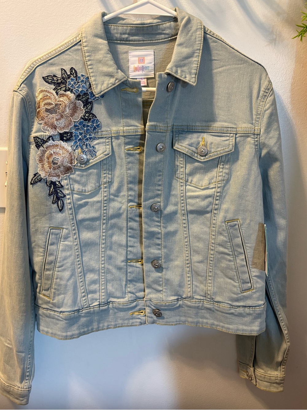 NWT LuLaRoe Light Blue Denim Jacket with Floral Embroidery